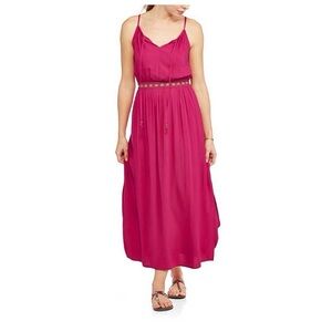 Faded Glory Boho Pink Maxi Dress XXL | Embroidered Waist + Tassel Tie